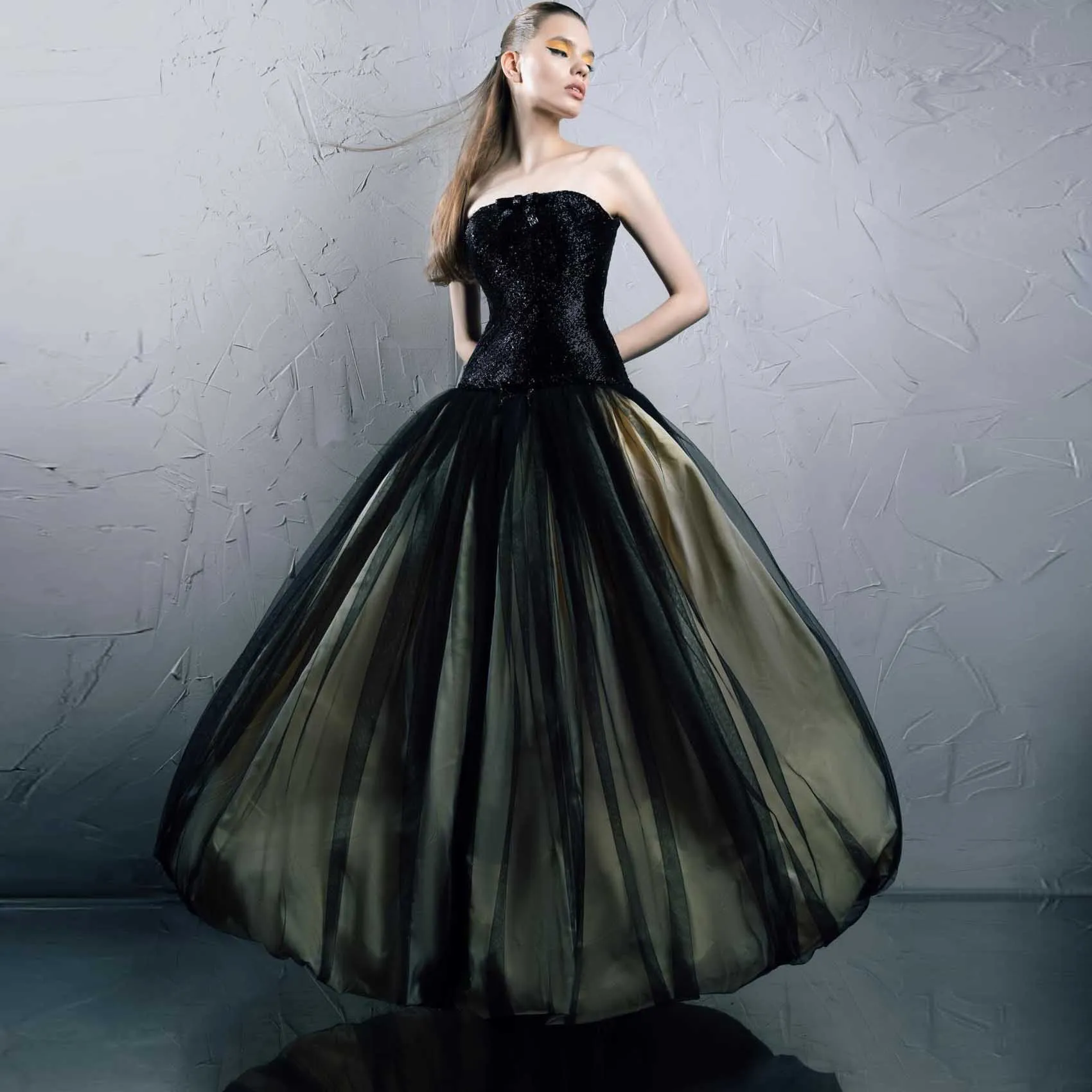 

Пышная юбка-баллон в смешанных цветах, черно-золотая, в пол, с эластичной талией, с оборками, длинная, для выпускного вечера и вечеринок