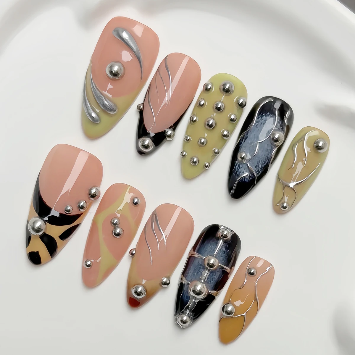 10pcs handmade press on nails Medium almond shaped nails,Spicy Girl Cool French Rivet Fake Nails，punk fake nails，Y2K fake nails