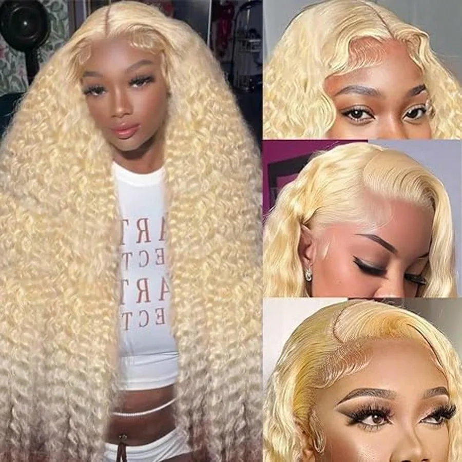Smilegirl 613 Lace Front Wig Human Hair Deep Wave 28 Inch Blonde Wig Human Hair 16A 13x4 HD 613 Blonde Lace Front Wigs Deep Wave 200% Density Curly Blonde Frontal Wig 613 Wig Pre Plucked
