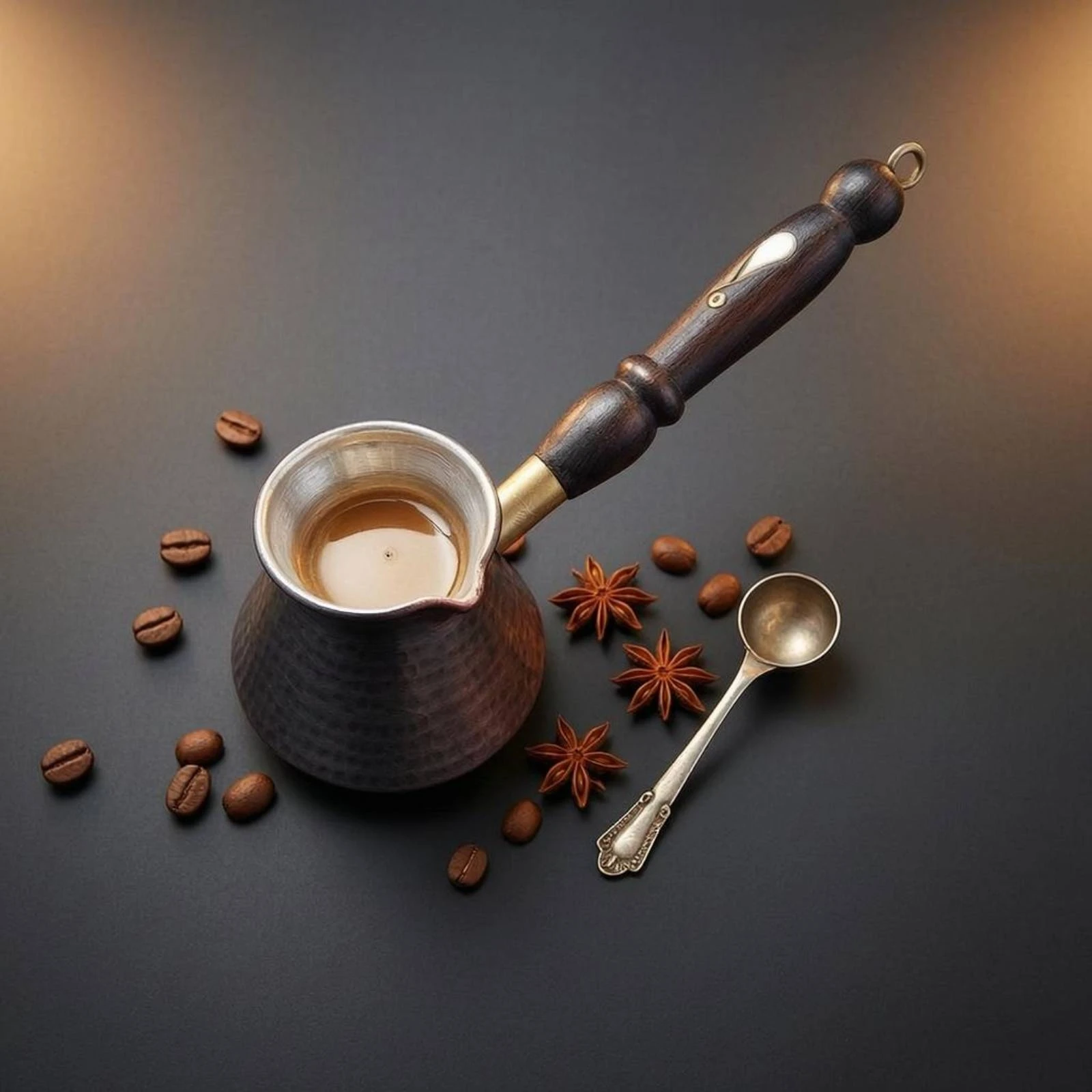 Copper Cezve Brass Neck Artisanal Copper Coffee Pot Turkish Coffee Pot Long Handle Drinkware Wide Pouring Rim view 5