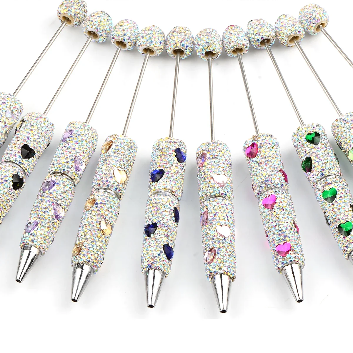 1pcs Heart Rhinestone Bead Pens Loose Spacer Beads DIY Crafts Jewelry Making Handmade White Creative Design Pen