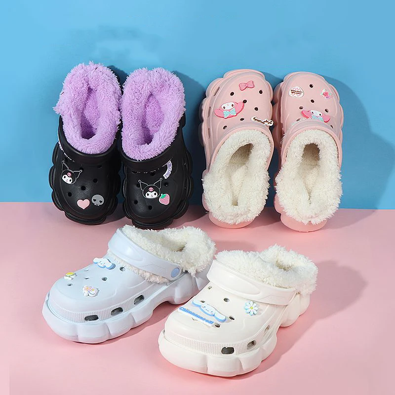 Cute Sanrio Kuromi My Melody Hellokittys Detachable Cotton Shoes with Thick Sole Anti Slip and Warm Insulation Plush slippers