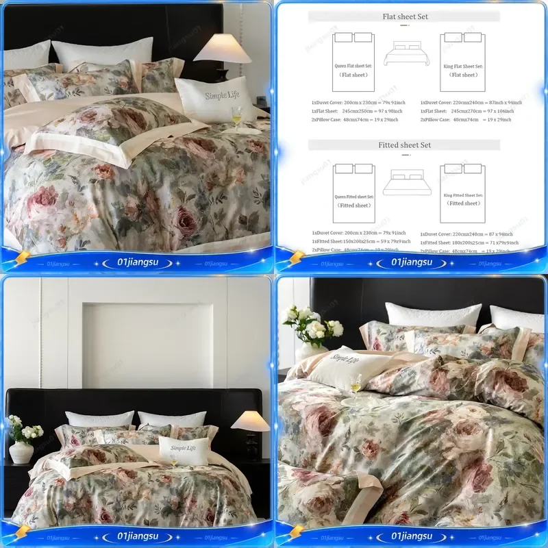 Premium 1000TC Egyptian Cotton Bedding Set Oil Painting Floral Print Duvet Cover Flat Fitted Sheet Pillowcases 4 Piece Home