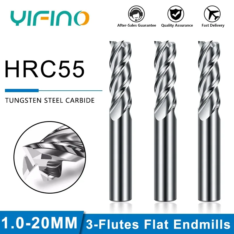 

YIFINO HRC55 For Aluminium Milling Cutter Tungsten Steel Carbide 3-Flute Flat End Mill CNC Mechanical Machining Endmills Tools