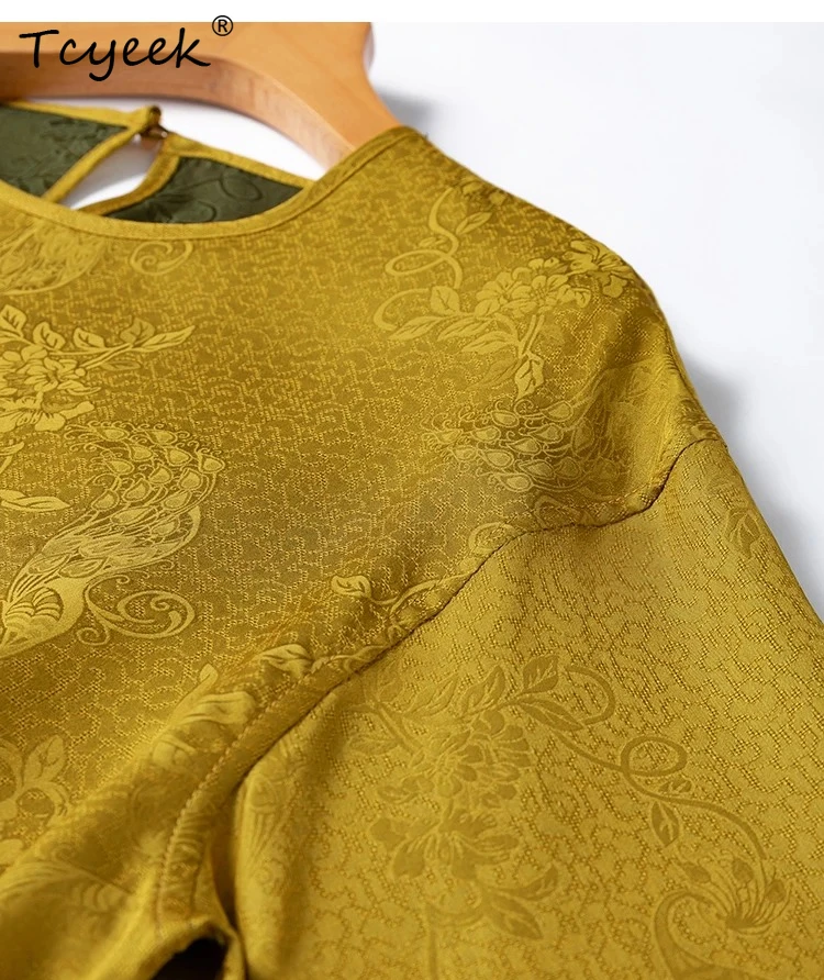 

Tcyeek 100% Real Silk T-shirt Elegant Blouses for Women Loose Fit Ladies Tops Summer Clothes Fashion Pullover Футболка Женский