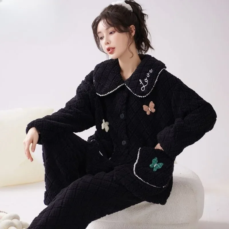 2024 New Winter Women Pajamas Coral Fleece Warm Thickened Nightclothes Suit Autumn Winter Female Flannel Cute Casual Loungewear