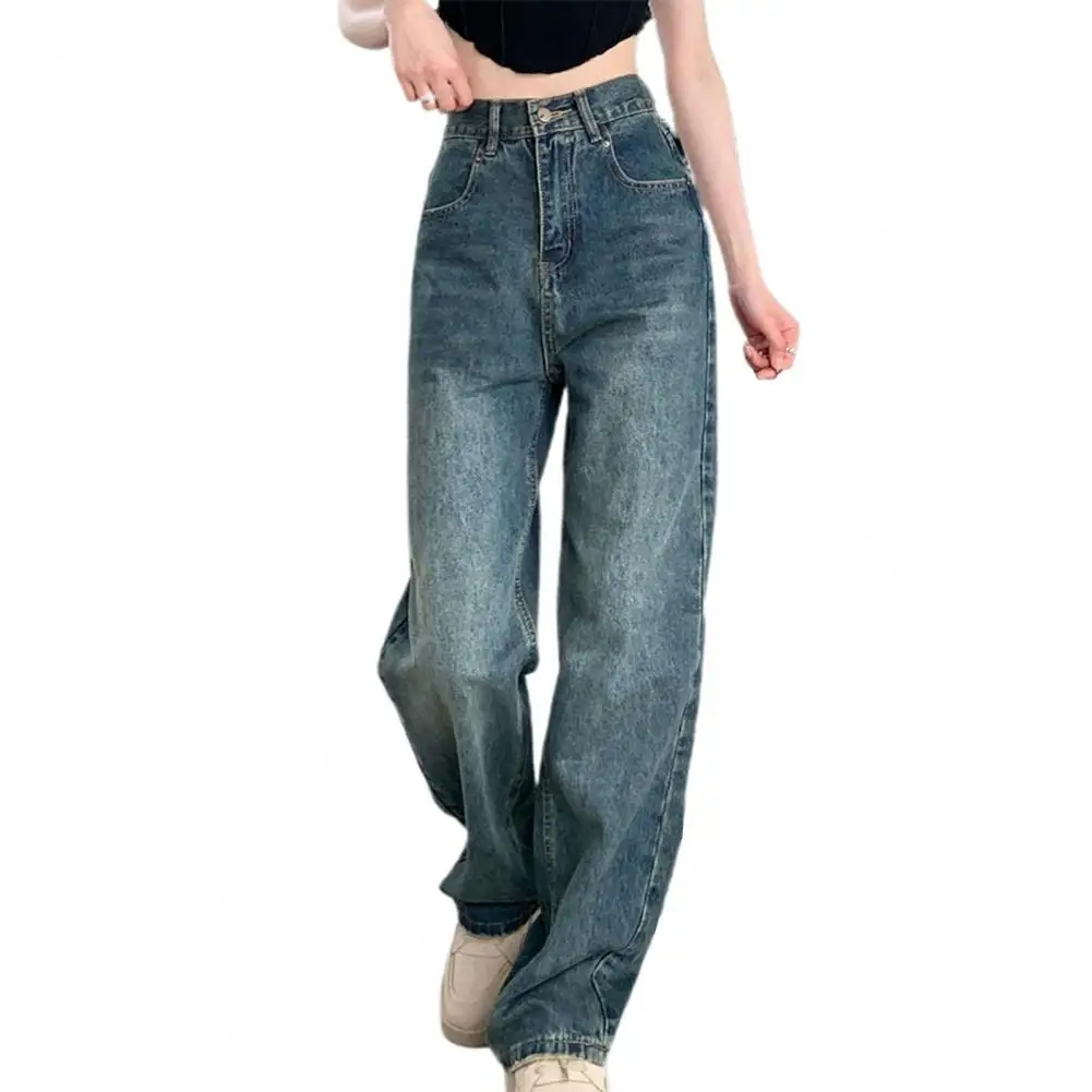 

Denim High-waist Bottoms Stylish Women's High Waist Wide Leg Denim Pants with Ripped Pockets Button Zipper Closure Trendy for A