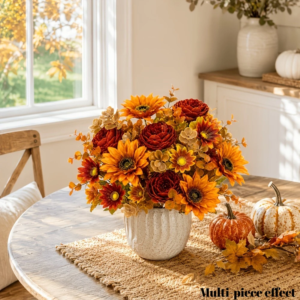 2-teiliger Herbstlicher Künstlicher Blumenstrauß in warmen Tönen mit Sonnenblumen und burgunderfarbenen Rosen für Halloween- und Thanksgiving-Dekoration 2026 – Detail 6