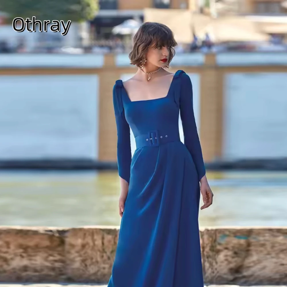 Simples chiffon quadrado faixa mangas compridas vestido de noite formal festa wear a linha personalizado até o chão плаukanе на выпускной