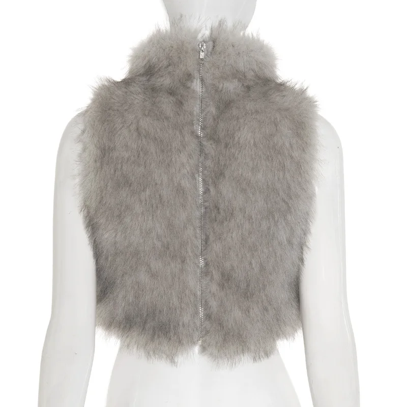 Sexy Tank Top Women Clothing  Autumn 2025 Fur Patchwork  Lady Solid Color Sleeveless Backless Zipper Crop Female Streetwear Vest