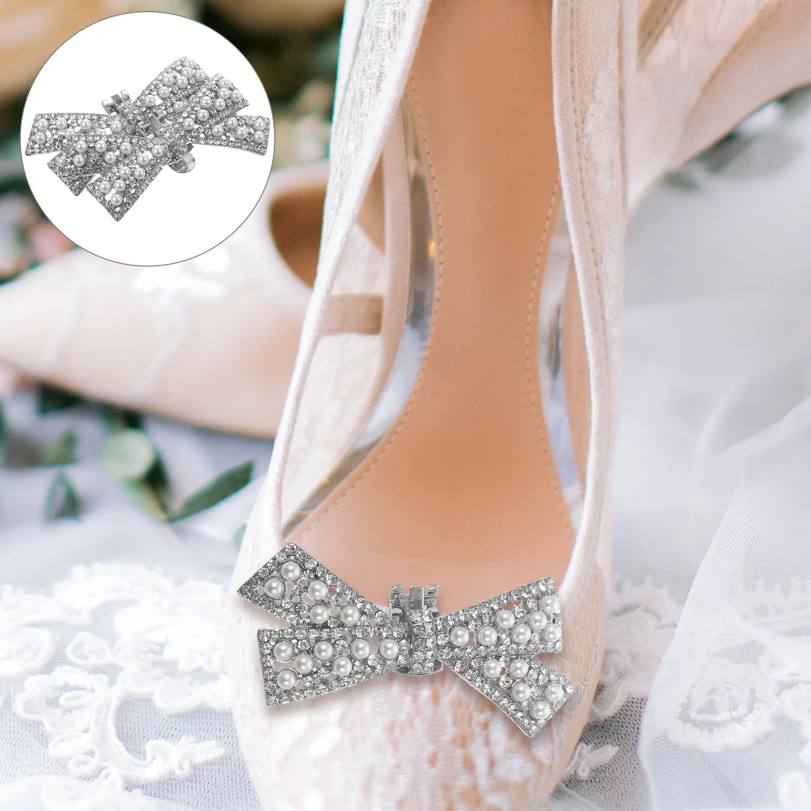 

2pcs Bow Shoe Clips Elegant Bridal Decorations Wedding Party Women Girls High Heel Buckle Accessories Embellishments