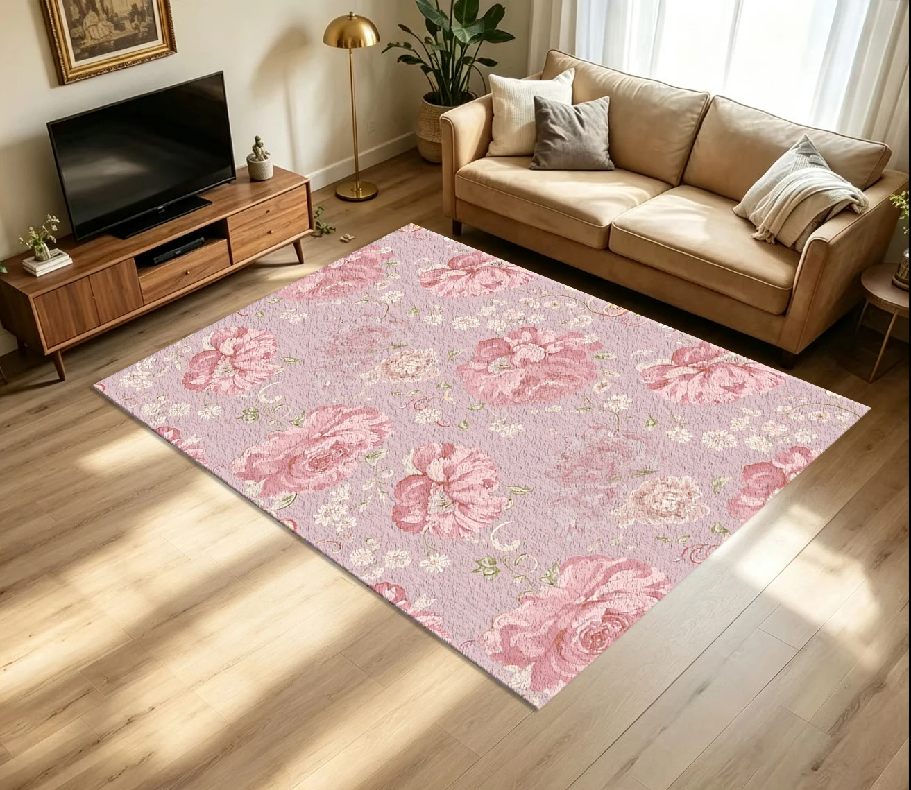 Soft Pink Vintage Peony Floral Carpet Flooring Romantic Pastel Flower Repeating Pattern Printed Floor Rug for Household Living Space Home Decoration