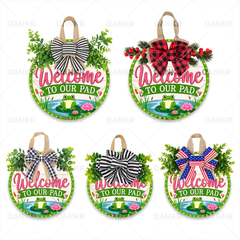 1PC Welcome Wooden Door Wreath, 5 Decorative Bow & Greenery Styles Available, Rustic Farmhouse Round Welcome Sign for Front Door, Porch, Entryway & Wall Decor, Classic Signs Welcome To Our Pad Frog, 2D Flat, 12x12 Inches