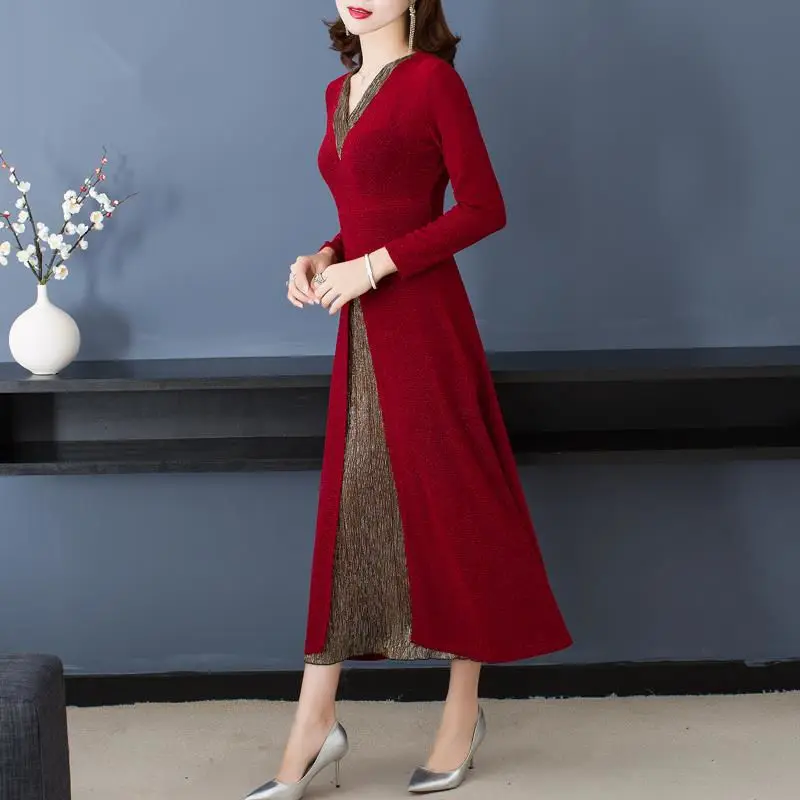 Elegant V-Neck Bright Silk Dresses Female Clothing A-Line Waist Patchwork Spring Autumn Long Sleeve Fashion Sequined Long Dress