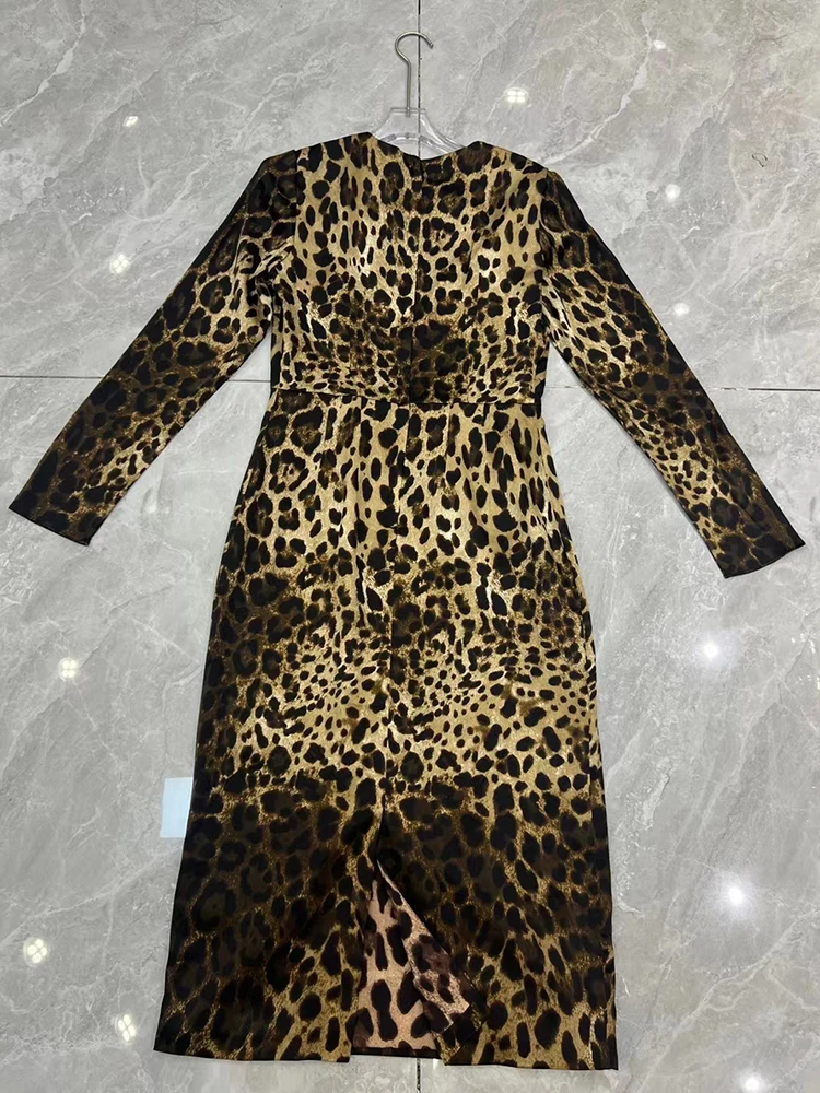 JUNLINNA 100% Silk Leopard Printing Dress Autumn Women O-Neck Long Sleeve Waist Sliming High Street Midi Vestidos