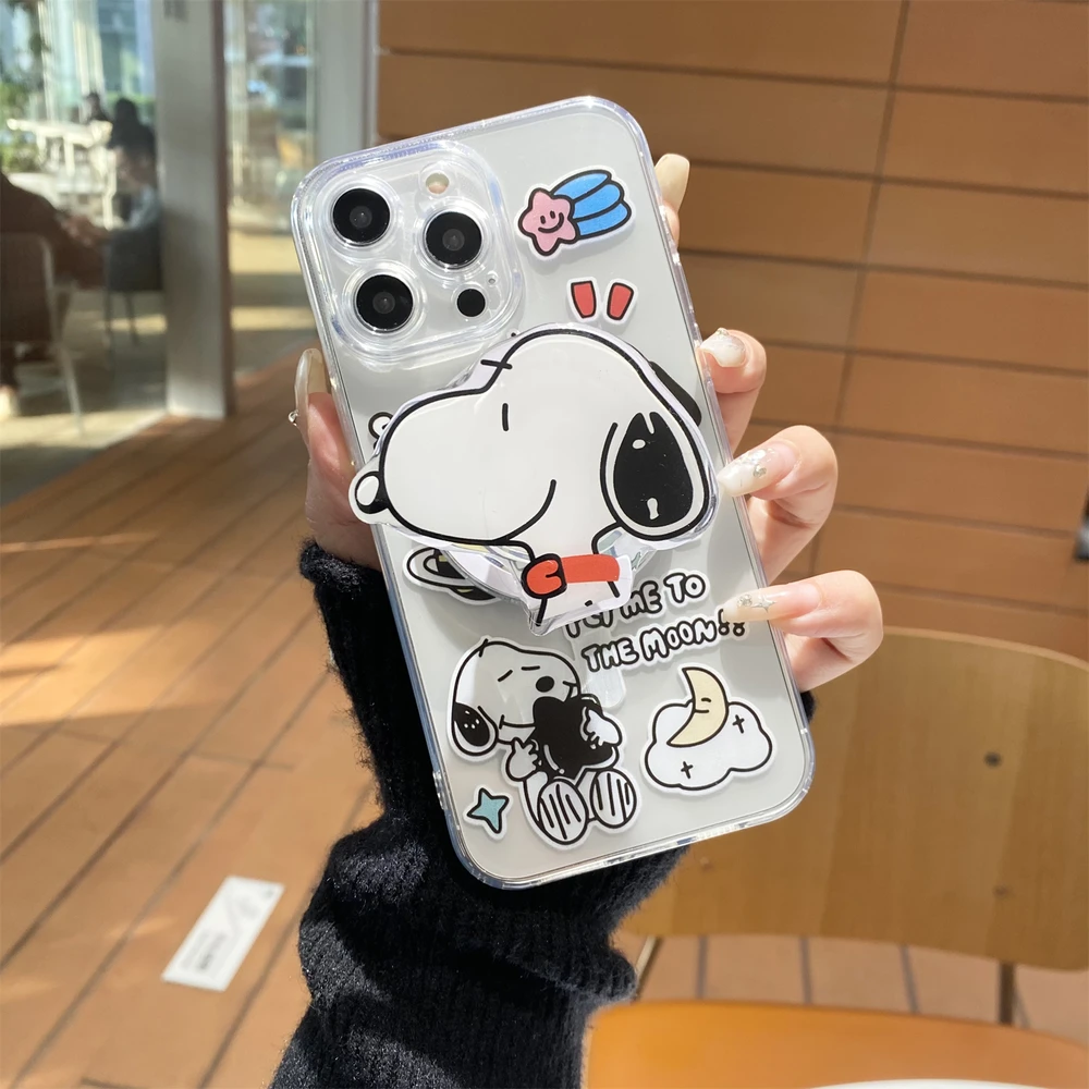 Cute Astronaut Snoopy Magnetic Holder Magsafe Wireless Charge Transparent Phone Case For  iPhone 17 16 15 14 13 Pro Max Cover view 4