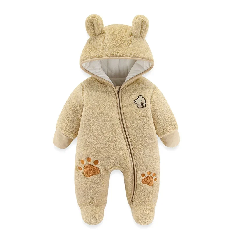 Cute Plush Bear Baby Romper Autumn Winter Keep Warm Hooded Infant Girl Overall Jumpsuit 3 6 9 12 Months Newborn Baby Boy Clothes