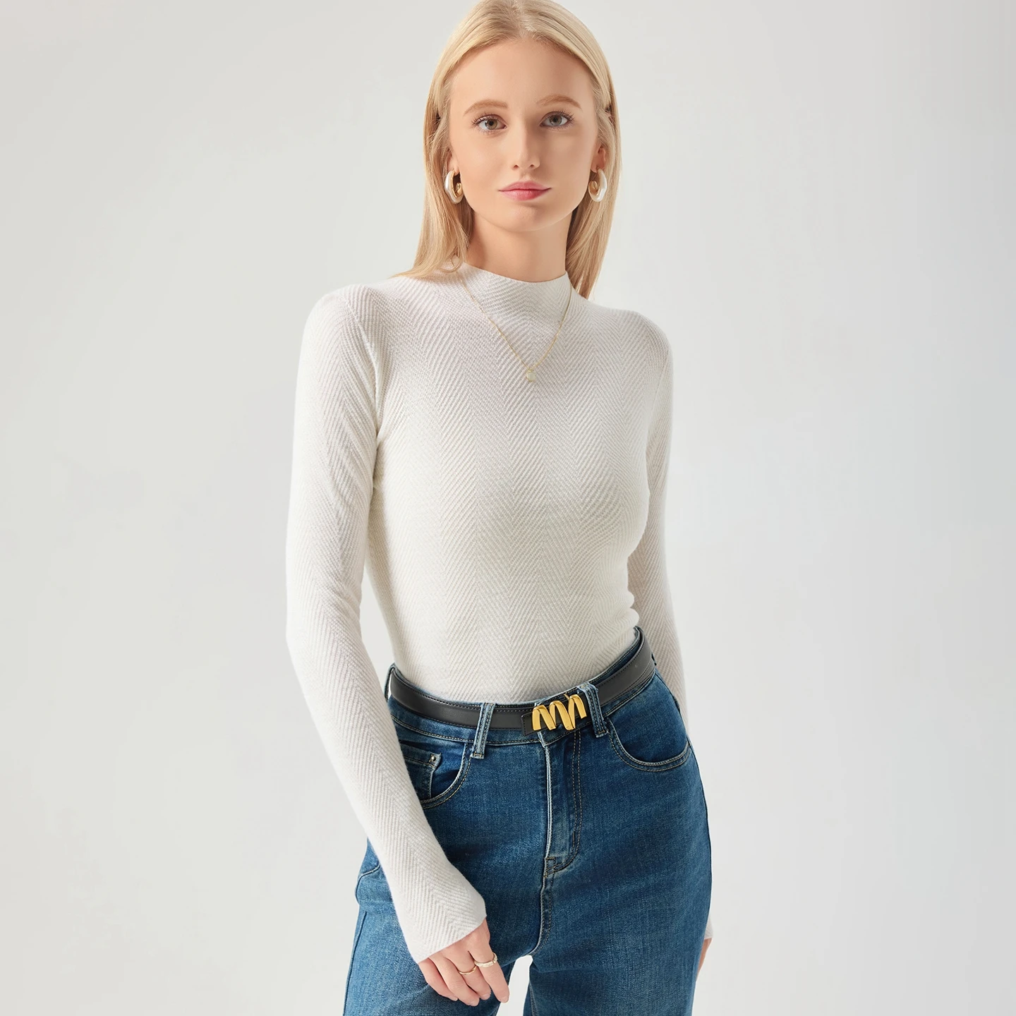 

Machine Washable Women's 100% Wool Slim Sweater Mock-neck Long Sleeve Seamless Pullover Autumn Winter Base Fine Wool Bottom Top