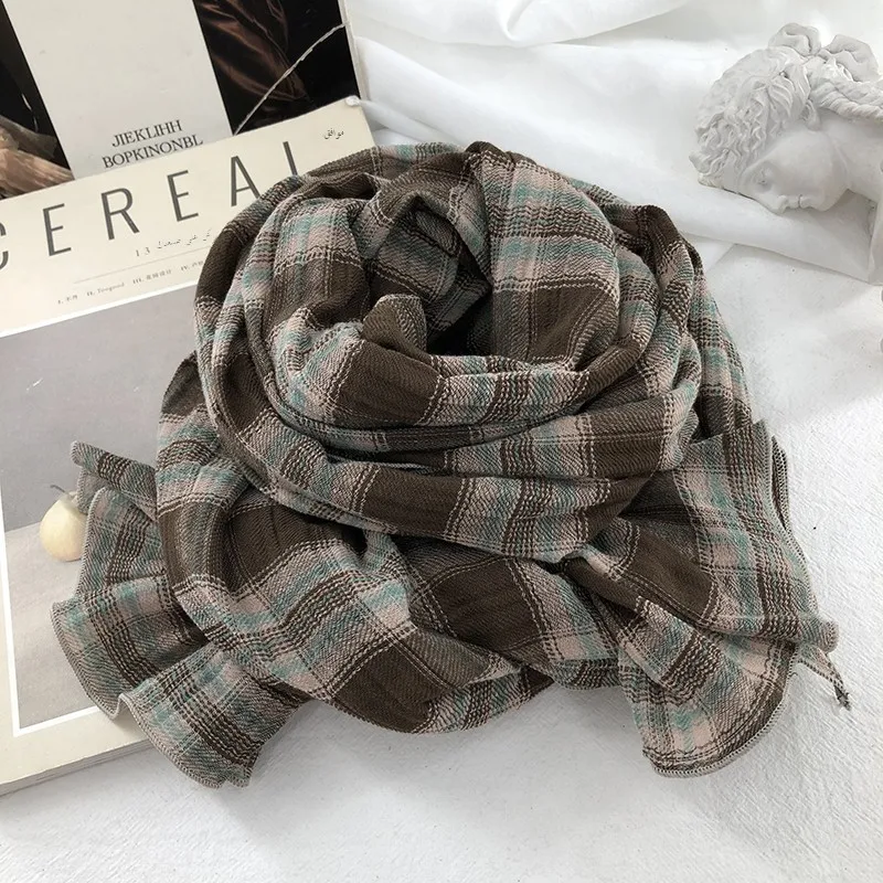 綿チェック柄スカーフ女性学生薄型暖かいネプロテクションロングネウォーマー春秋冬カレッジスレスカーフ