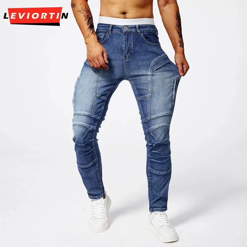

Men's Patchwork Stretch Slim Fit Tapered Casual Jeans High Street Distressed Denim Pants