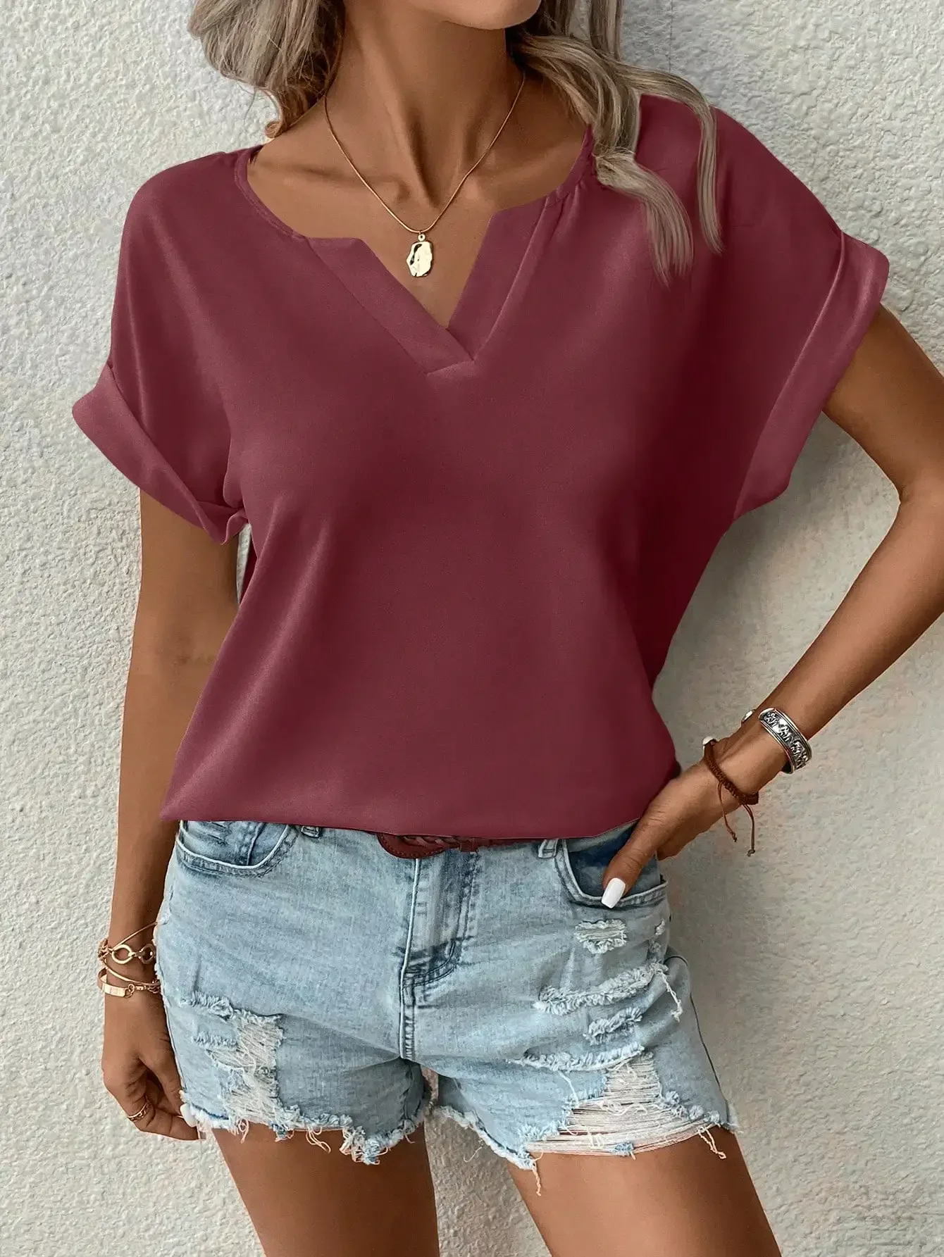 Women\'s Shirt Tops Casual Drop Shoulder Summer V-Neck Short Sleeve Burgundy Fashion Versatile T-Shirt