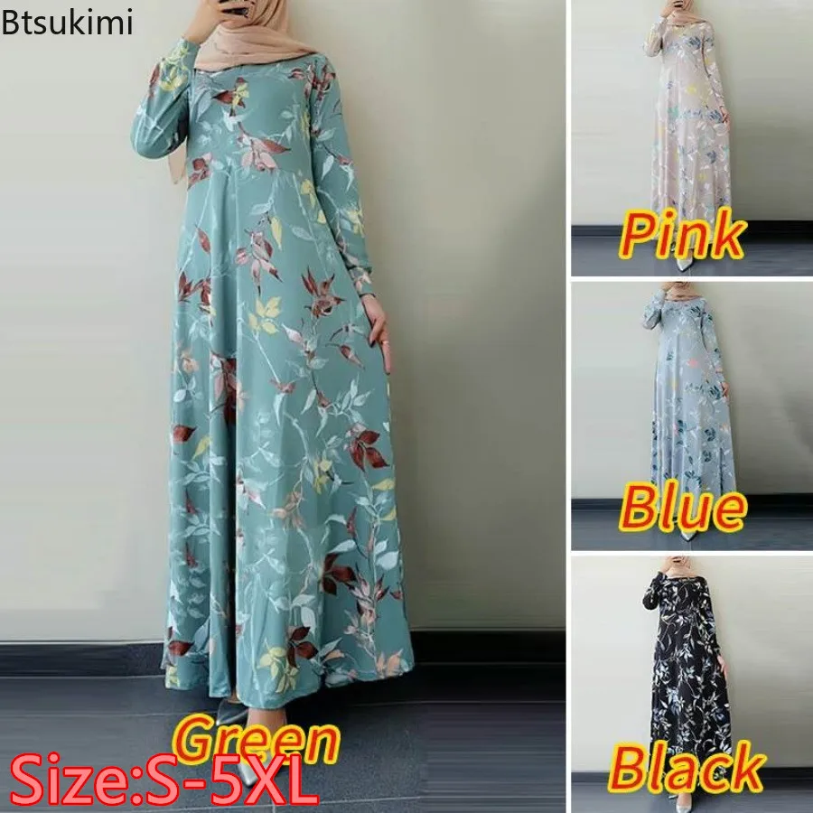 Muslim Fashion Abayas for Women Vintage Printed Dress O-neck Long-sleeved Saudi Arab Kaftan Islamic Clothing Elegant Robes Femme