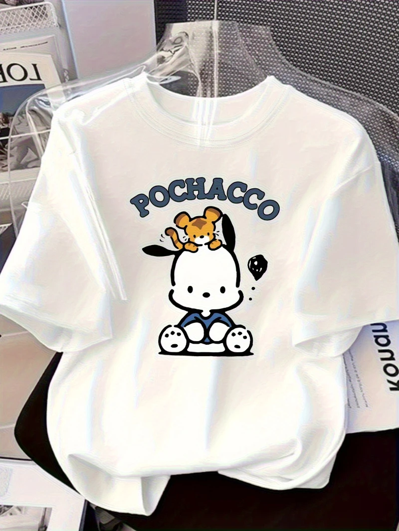 

Официальная женская футболка Sanrio с узором Pochacco, свободная футболка с милым принтом персонажей и круглым вырезом, с короткими рукавами, повседневный свободный топ