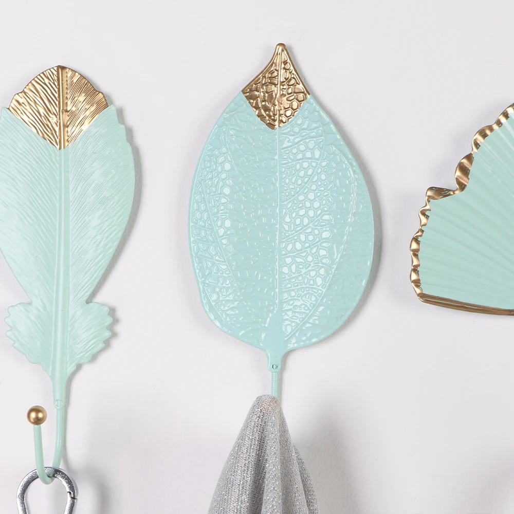 Nordic Style Wrought Iron Hook Leaf Shape Hanging Storage Rack Wall Hanger Home Decoration Bathroom Organization Green/Golden