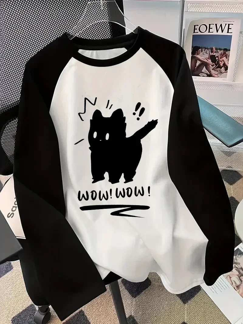 Winter Autumn Long Sleeved Black Cat Design Shirt Funny T Shirt Women's Casual Long Sleeve T-Shirt Crew Neck Top Tee Tshirt