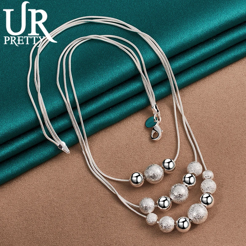 UPRETTY New 925 Sterling Snake Chain Smooth Frosted Beads Necklace 18 Inch For Woman Party Wedding Engagement Charm Jewelry Gift