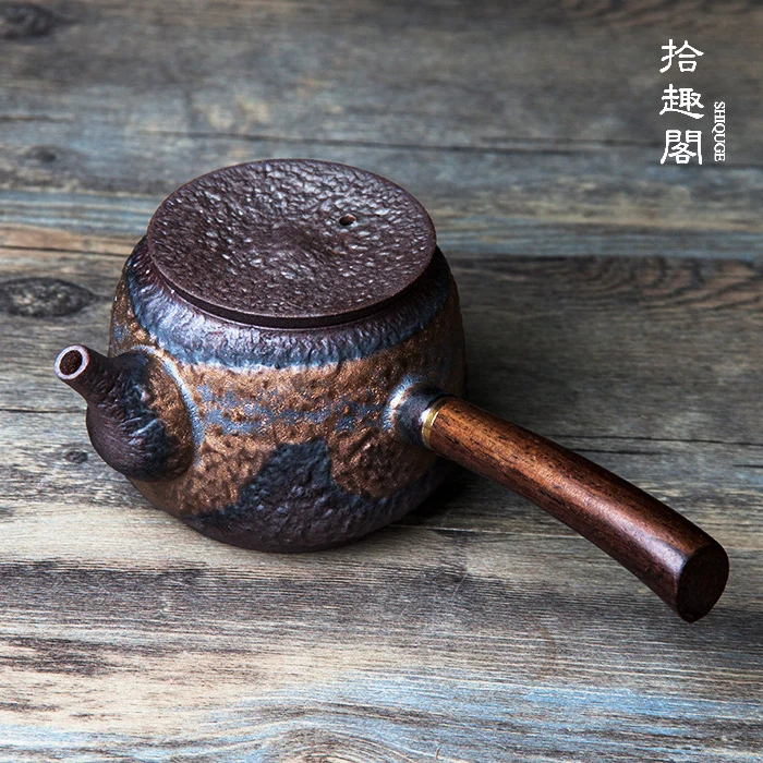

Japanese Style Handmade Rough Pottery Teapot, Ceramic Side Handle Gilded Pu'er Tea Maker, Kung Fu Set, Wood Fired