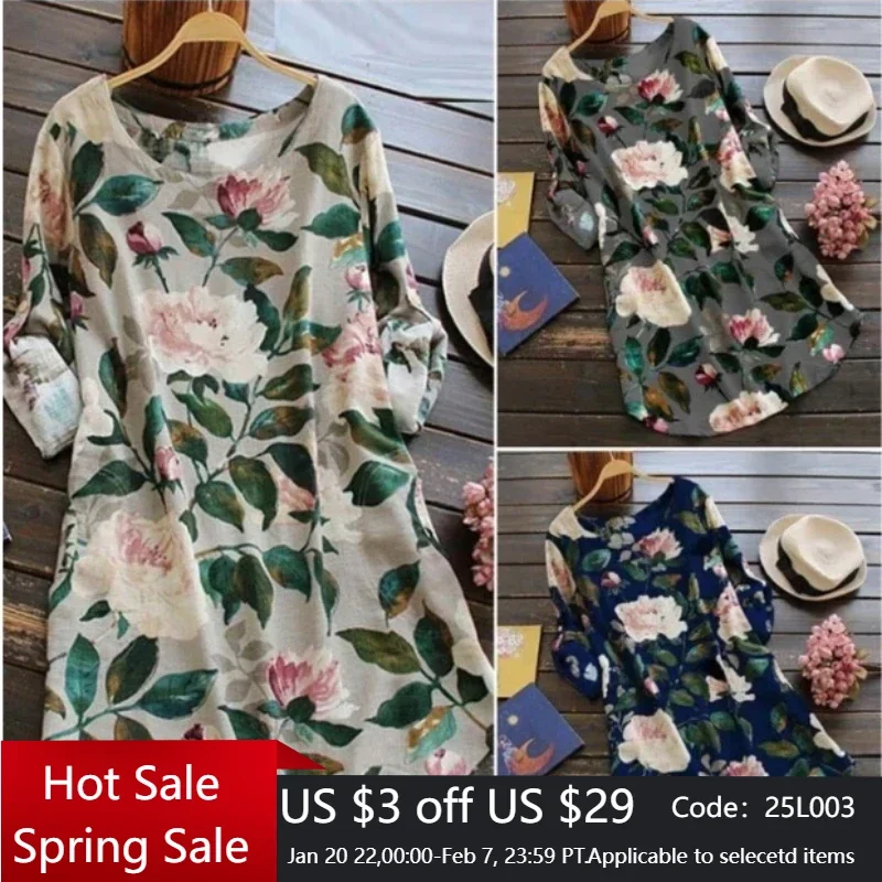 2024 New Women Loose Floral Print Dress Ladies Mini Dress Summer Casual Party Dresses Long Sleeve Dress Plus Size