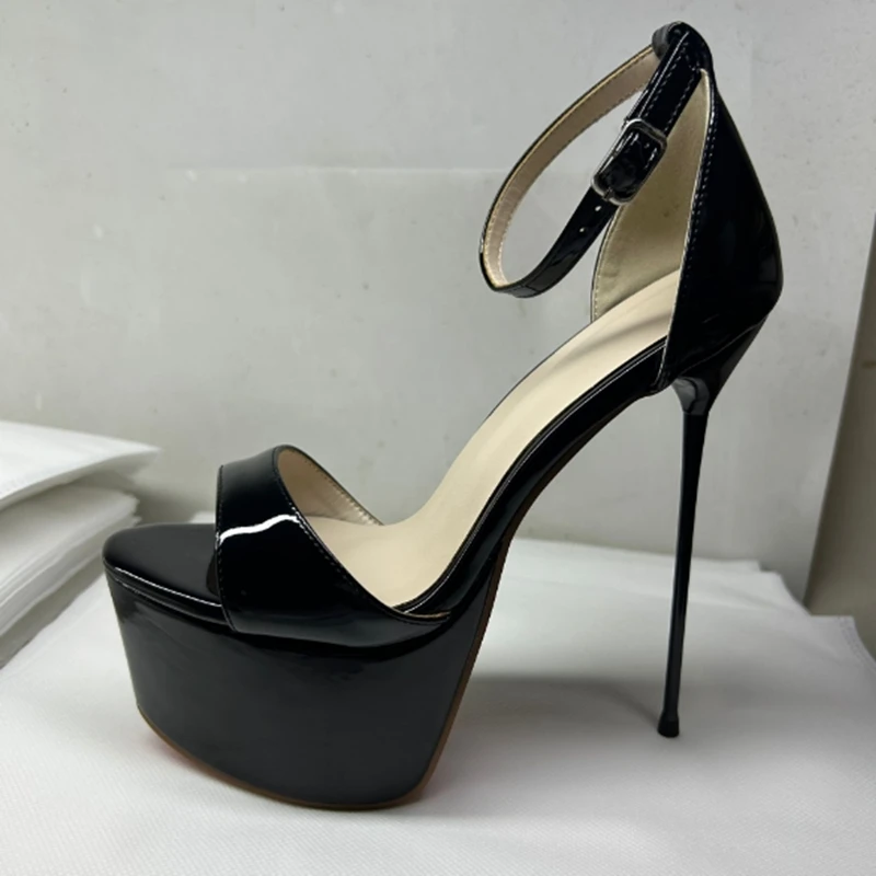 

Super High Platform Women Sandals Thin Metal Stiletto Heels Peep Toe Ankle Straps Black Patent Leather Evening Club Shoes