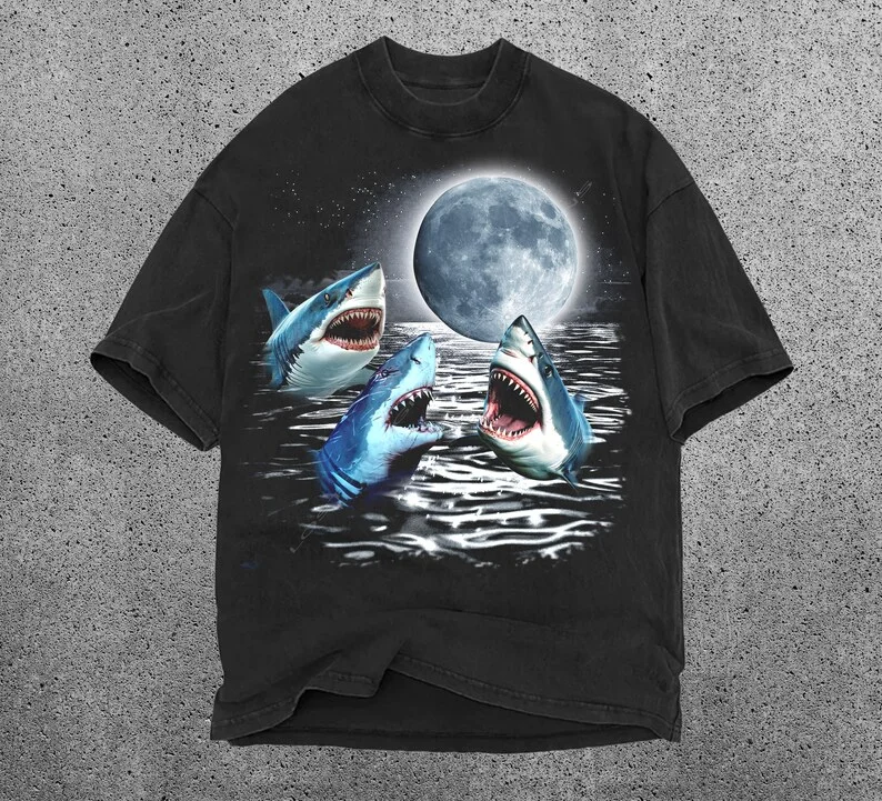 Three Shark Moon Shirt Shark Shirt Vintage Shark T-shirt, Ocean Lover Gift Shark Gift Unisex Graphic T-shirt Shark Weird Core
