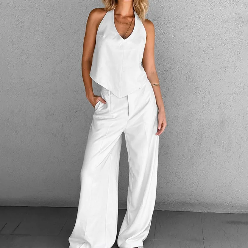 

Summer Women's Fashion Backless White Halter Tank Top & Pants Set Temperament Commuting Casual Two Piece Sets Trousers Outfits