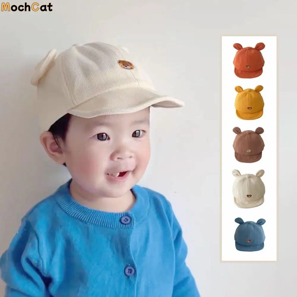 

Милая регулируемая детская рыбацкая шапка с мультяшной вышивкой, детская шапка с козырьком, однотонная детская фуражка с медвежьими ушками, зимняя шапка