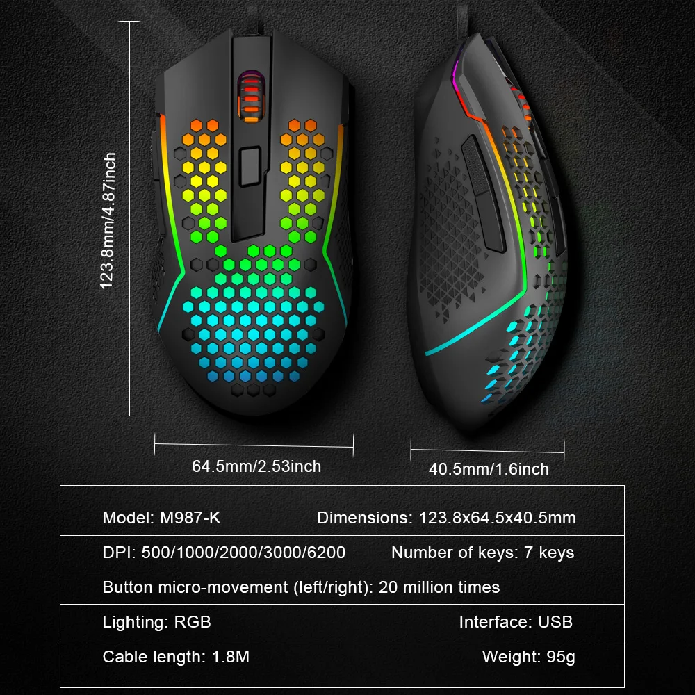 REDRAGON-ratón de juegos con cable USB para ordenador, periférico ultraligero, programable, 12400DPI, RGB, M987-K