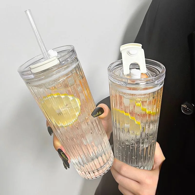 

600Ml With Lid and Straw Transparent Bubble Tea Cup Simple Stripe Glass Cup Juice Glass Beer Can Milk Mocha Cups Coffee Mug