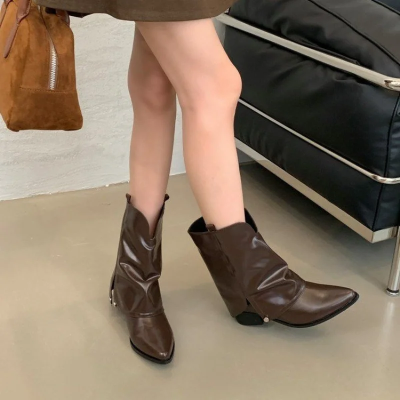 Vintage Damen-Cowboystiefel mit spitzer Zehenpartie, gerafftem Schaft, seitlichem Reißverschluss, Blockabsatz, PU-Leder, Herbst/Winter – Detail 3