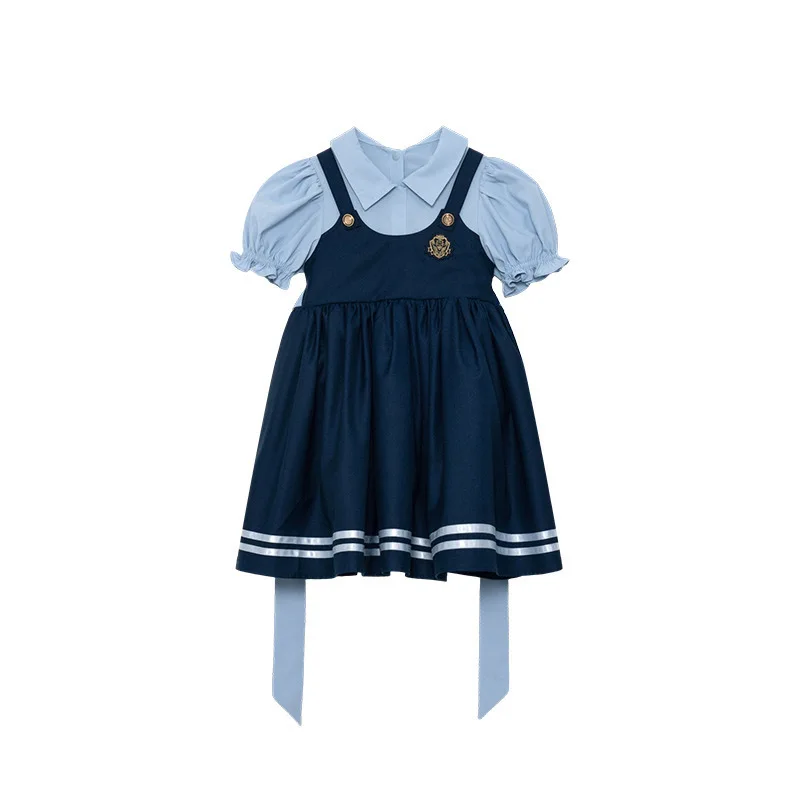 Preppy Style Fake Two  LapelsPuffy SleevesBow Stripes Girl Princess Dress  Girls Clothes 2T-7T Year Kids Wear  Summer Dress