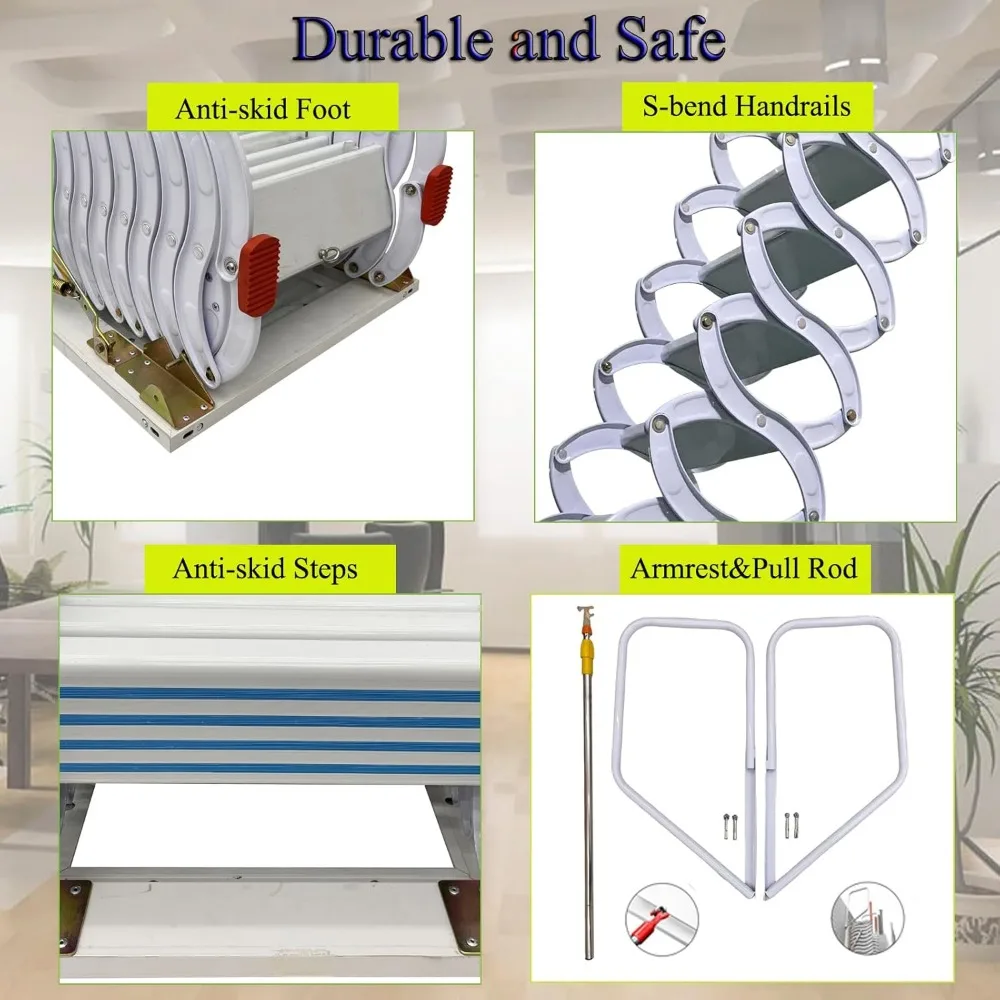 Gradini per scale per soffitta Tirare verso il basso 14 gradini Scale per soffitta, Scale per scale a soppalco con estensione per soffitta, Scale pieghevoli di tipo a parete