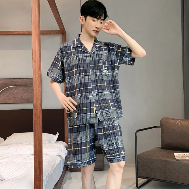 Zomer Korte Pyjama Past Bij Mannen Jongen Mode Geruite Katoenen Nachtkleding Sets Koreaanse Mode Huiskleding Plaid Pyjama Homme Dropship