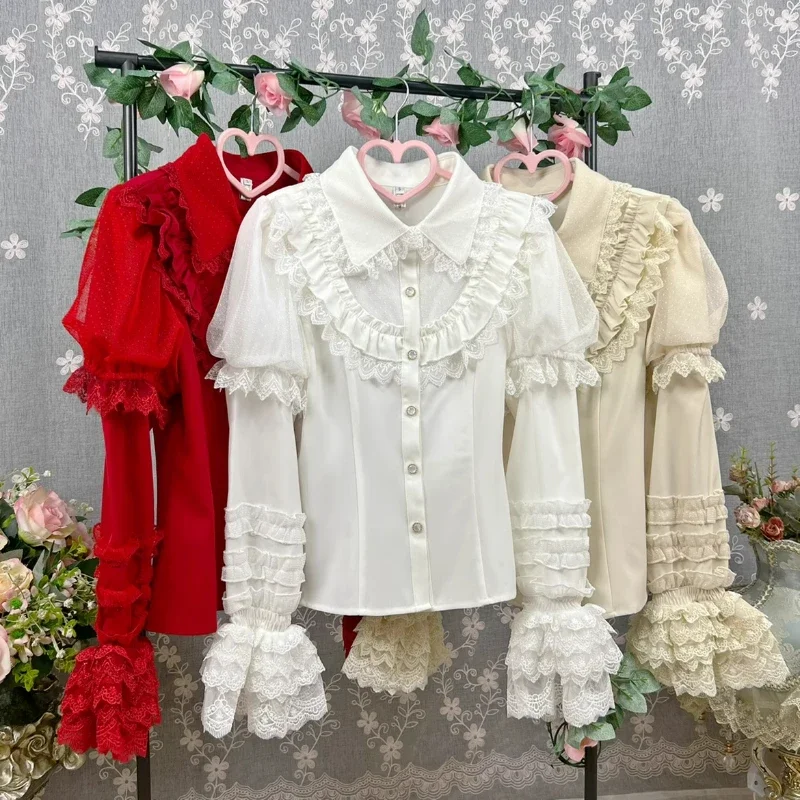 Japanese Gothic Y2k Lolita Style Shirts Women Vintage Elegant Detachable Long Sleeves Blouses Victorian Sweet Ruffles Slim Tops
