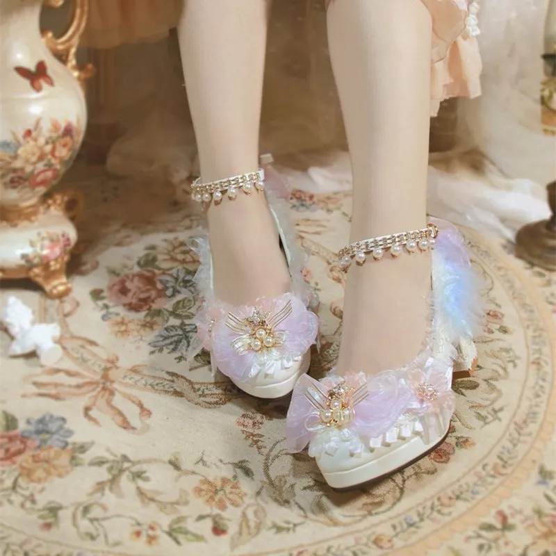 Customized Authentic One Night Story Lolita Shoes Original Versatile Tea Party Flower Wedding High Heels Rainbow Lolita Lo Shoes