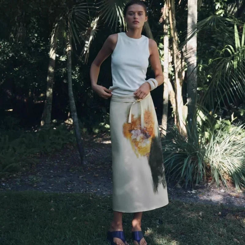 

New 2025 Summer Women's Faion Mixed f-length Midi Skirt Stand Cut A-line Commuter Sle High Waist Floral Print