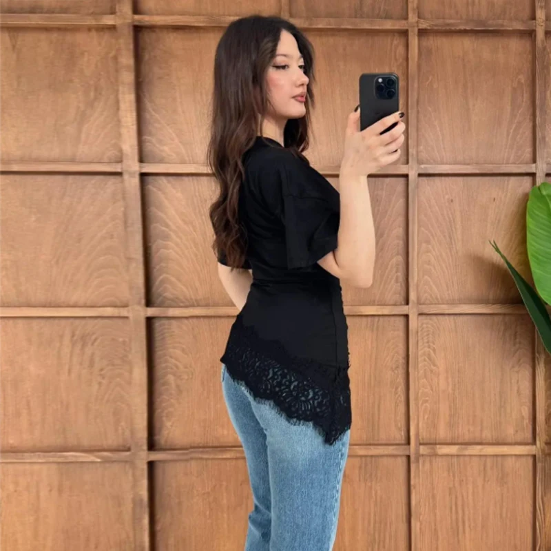 MUJER Asymmetric Lace T Shirts Woman Short Sleeve Polo Women T-shirts Summer Casual Tops for Women Holiday Funny Women's T-shirt