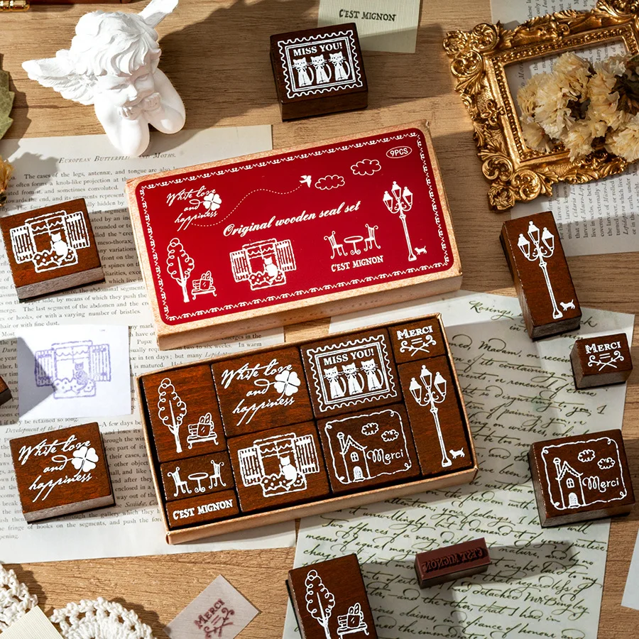 

French Blessing Series Cute Cat House Landscape Wooden Stamp Set Creative DIY Journal Material Student Supplies Stationery