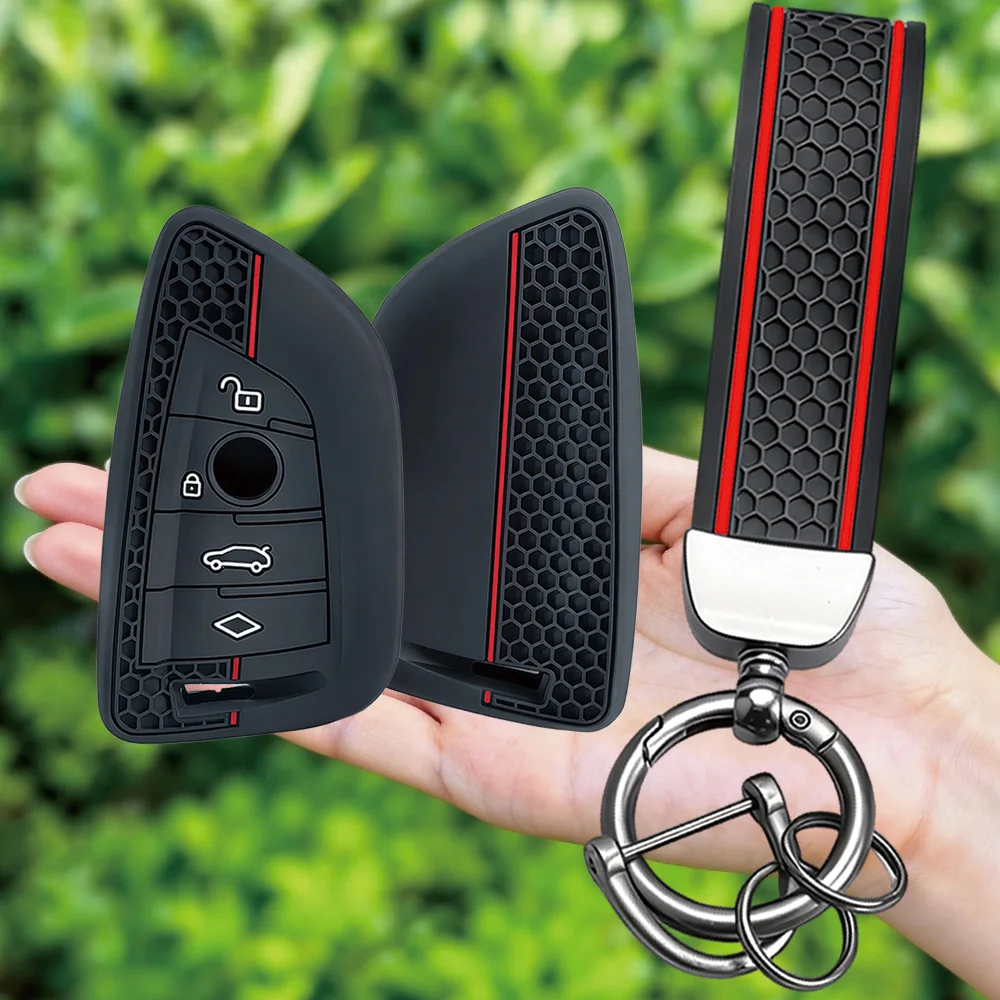 4 Button For BMW 2 3 5 6 7 Series X1 X2 X3 X5 X6 2023 2022 2021 Remote Silicone Key Fob Ring Chain Case Cover Holder Protector