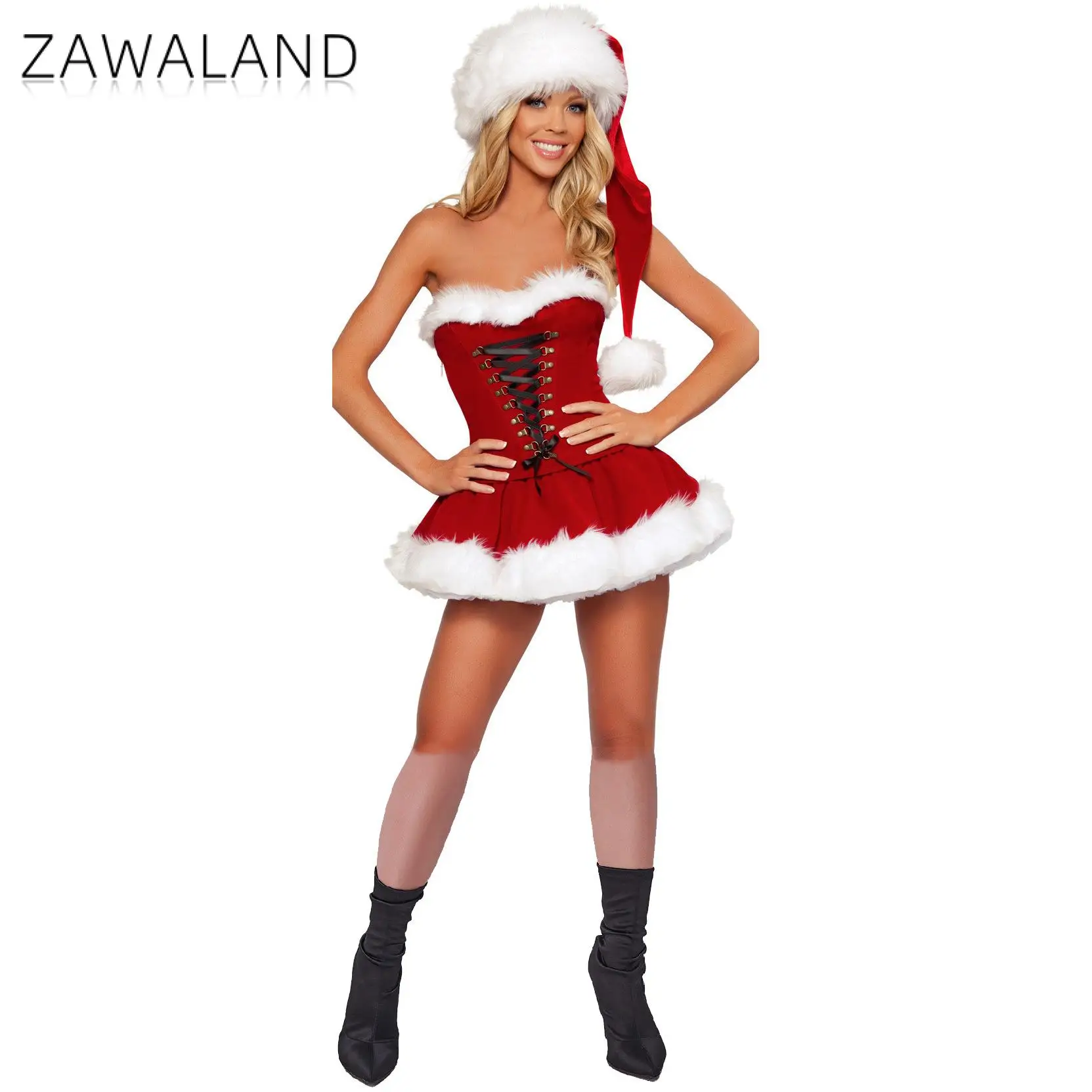 ZAWALAND Christmas Costumes Red Strapless Dress Adults Women Cosplay Party Stage Performance Fancy Dress Santa Hat Xmas Clothing