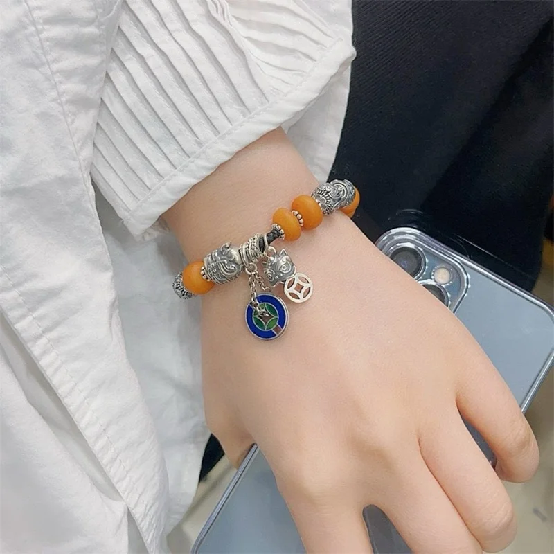 

Sterling Silver Bracelet S925 Gift For Women DIY Originality Girl Charm Garnet Festival Retro Fashion Jewelry